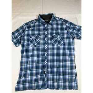 KUHL Men’s Plaid Shirt Large Blue Gray Short Sleeve Snap Button Hiking Travel
